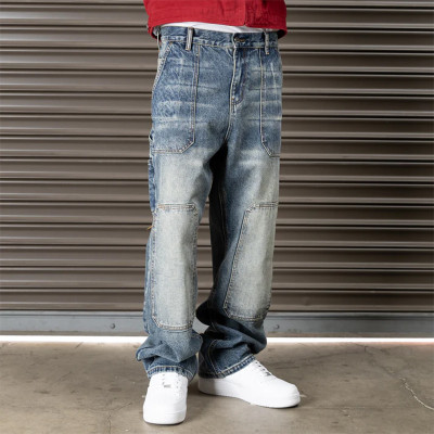 Men’s Vintage Blue Workwear Jeans – Relaxed Fit with Panel Stitching