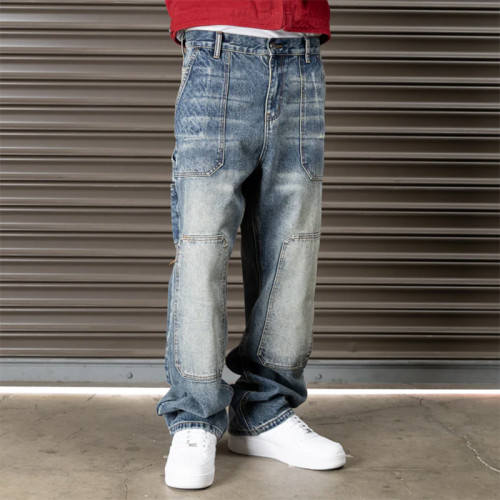Men’s Vintage Blue Workwear Jeans – Relaxed Fit with Panel Stitching