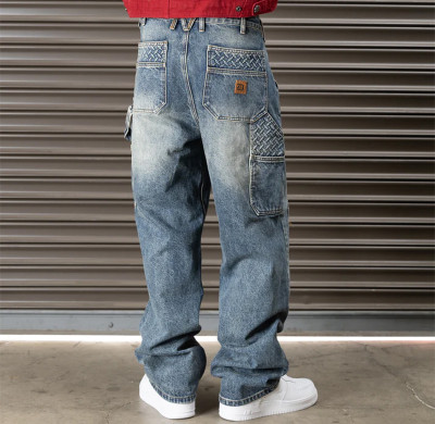 Men’s Vintage Blue Workwear Jeans – Relaxed Fit with Panel Stitching