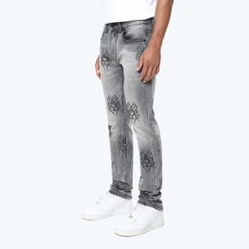 Men's Gray Straight-Leg Jeans with Tribal Flame Embroidery – Street Edge Style