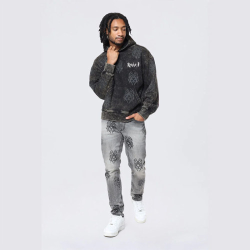 Men's Gray Straight-Leg Jeans with Tribal Flame Embroidery – Street Edge Style