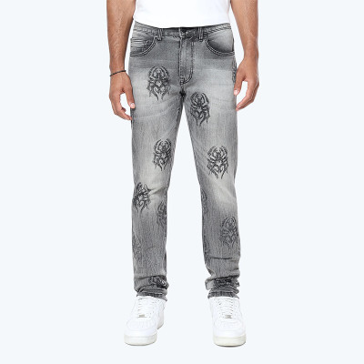 Men's Gray Straight-Leg Jeans with Tribal Flame Embroidery – Street Edge Style