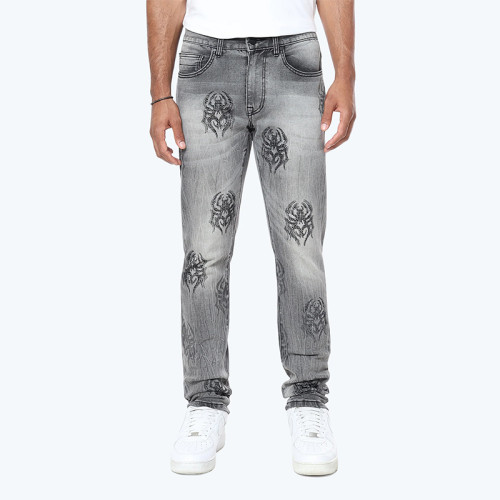 Men's Gray Straight-Leg Jeans with Tribal Flame Embroidery – Street Edge Style