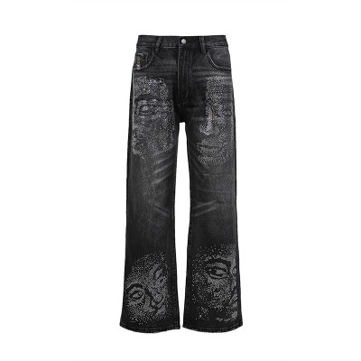 Men’s Black Rhinestone Portrait Jeans – Street Art Wide-Leg Denim