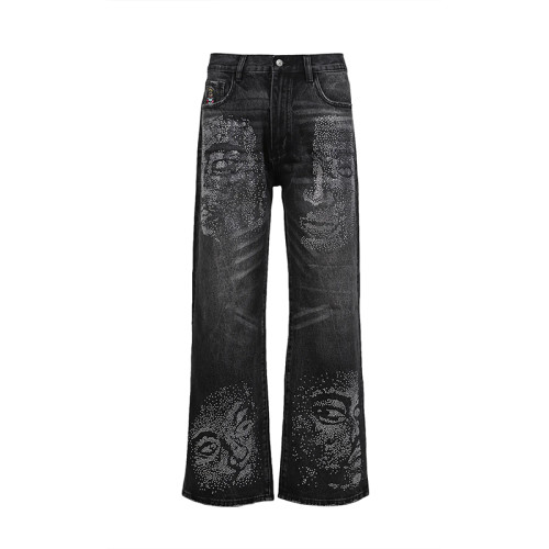 Men’s Black Rhinestone Portrait Jeans – Street Art Wide-Leg Denim