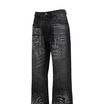 Men’s Black Rhinestone Portrait Jeans – Street Art Wide-Leg Denim