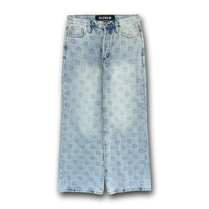 Custom Embossed Floral Wide-Leg Jeans for Boutique & Designer Collections