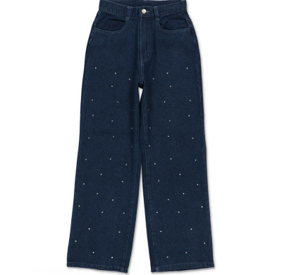 Custom Pearl-Studded Dark Denim Jeans for Premium Boutique Collections