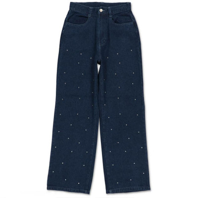 Custom Pearl-Studded Dark Denim Jeans for Premium Boutique Collections