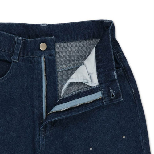 Custom Pearl-Studded Dark Denim Jeans for Premium Boutique Collections