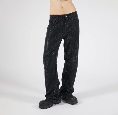 Custom Rhinestone Black Denim Jeans for Luxe Collections