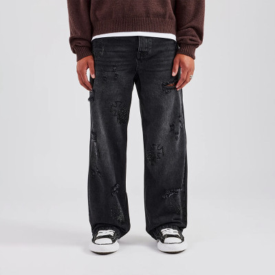 Men’s Distressed Cross Patch Jeans – Black Wide-Leg Streetwear Denim