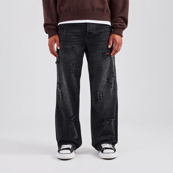 Men’s Distressed Cross Patch Jeans – Black Wide-Leg Streetwear Denim