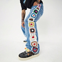 Men's Crochet Patchwork Jeans – Light Blue Vintage Wide-Leg Denim