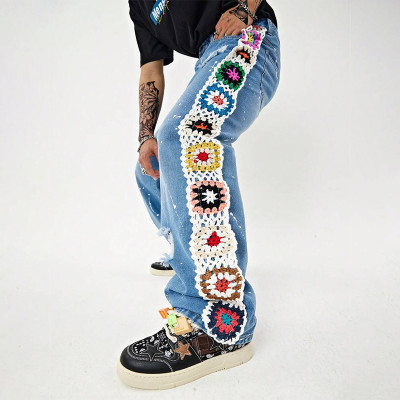 Men's Crochet Patchwork Jeans – Light Blue Vintage Wide-Leg Denim