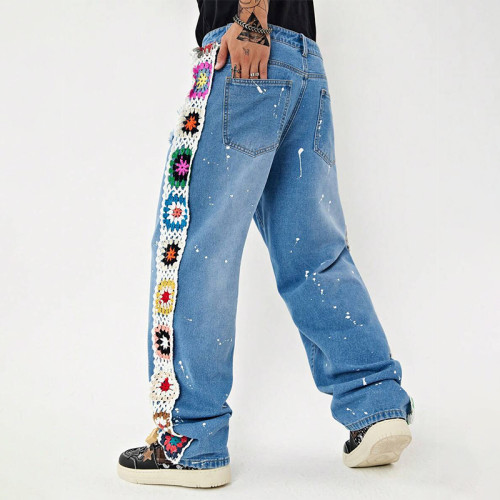 Men's Crochet Patchwork Jeans – Light Blue Vintage Wide-Leg Denim