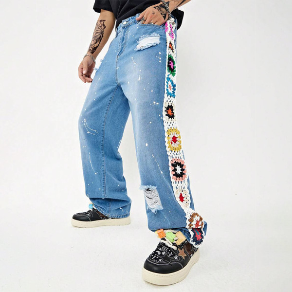 Men's Crochet Patchwork Jeans – Light Blue Vintage Wide-Leg Denim