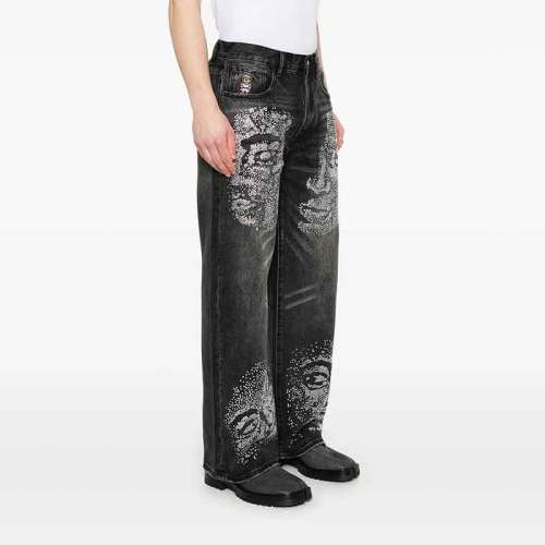 Black Wide-Leg Jeans with Rhinestone Face Graphics