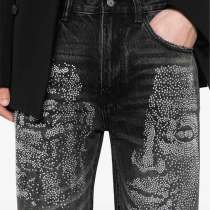 Black Wide-Leg Jeans with Rhinestone Face Graphics