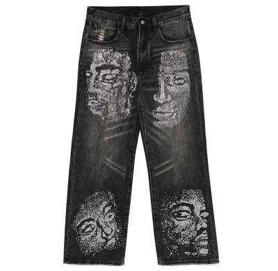 Black Wide-Leg Jeans with Rhinestone Face Graphics