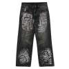 Black Wide-Leg Jeans with Rhinestone Face Graphics