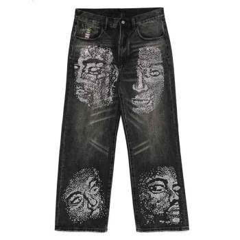 Black Wide-Leg Jeans with Rhinestone Face Graphics