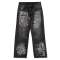 Black Wide-Leg Jeans with Rhinestone Face Graphics