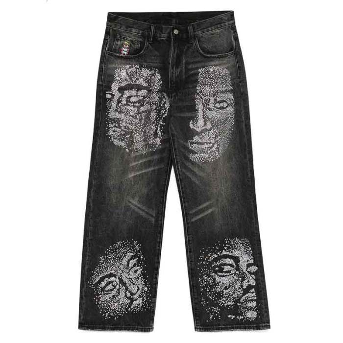 Black Wide-Leg Jeans with Rhinestone Face Graphics