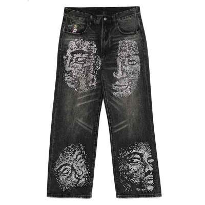 Black Wide-Leg Jeans with Rhinestone Face Graphics