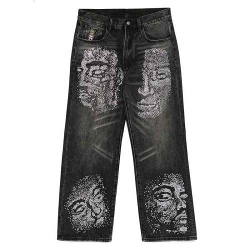 Black Wide-Leg Jeans with Rhinestone Face Graphics