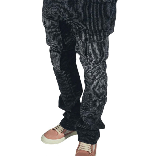 Custom Black Pinstripe Cargo Denim for Boutique Designers