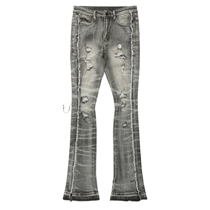Custom Stacked Flare Jeans with Heavy Distressing & Tie-Dye