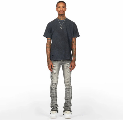 Custom Stacked Flare Jeans with Heavy Distressing & Tie-Dye