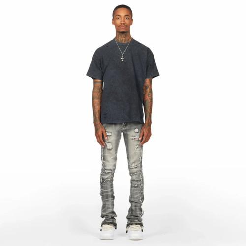 Custom Stacked Flare Jeans with Heavy Distressing & Tie-Dye