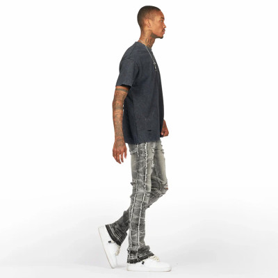 Custom Stacked Flare Jeans with Heavy Distressing & Tie-Dye