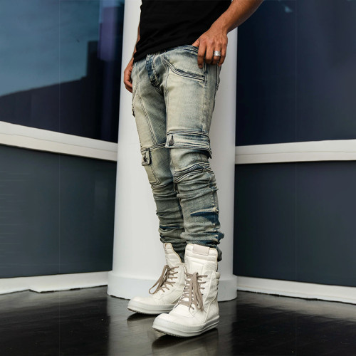 Custom Arc-Cut Cargo Denim with Washed Destroy Finish