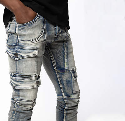 Custom Arc-Cut Cargo Denim with Washed Destroy Finish