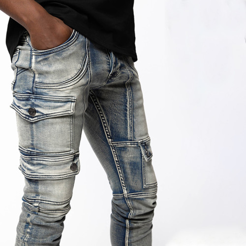 Custom Arc-Cut Cargo Denim with Washed Destroy Finish