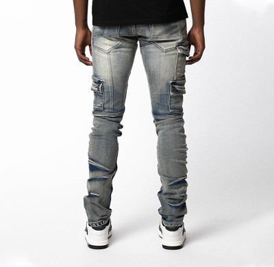 Custom Arc-Cut Cargo Denim with Washed Destroy Finish