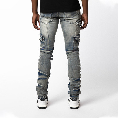 Custom Arc-Cut Cargo Denim with Washed Destroy Finish