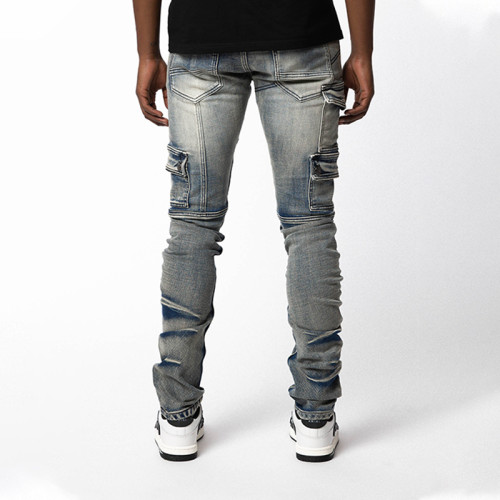 Custom Arc-Cut Cargo Denim with Washed Destroy Finish