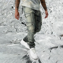 Custom Arc-Cut Cargo Denim with Washed Destroy Finish