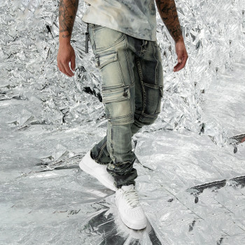 Custom Arc-Cut Cargo Denim with Washed Destroy Finish