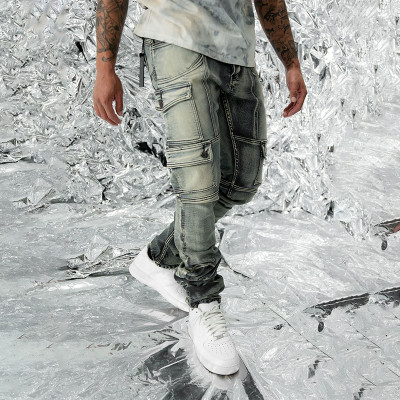 Custom Arc-Cut Cargo Denim with Washed Destroy Finish