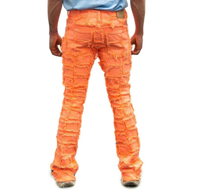Custom Neon Orange Patchwork Distressed Jeans
