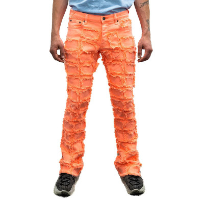Custom Neon Orange Patchwork Distressed Jeans