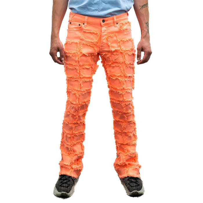 Custom Neon Orange Patchwork Distressed Jeans