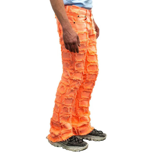 Custom Neon Orange Patchwork Distressed Jeans