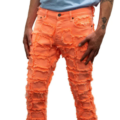 Custom Neon Orange Patchwork Distressed Jeans