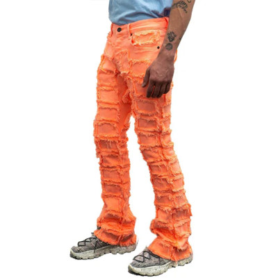 Custom Neon Orange Patchwork Distressed Jeans